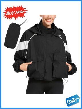 Waterproof Cropped Rain Jacket Lightweight Windbreaker Outdoor Hiking